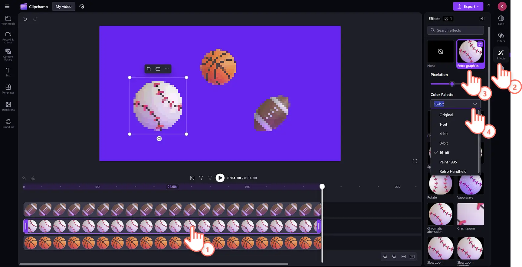1r77fpoudcsx0nfji6zeb3 Clipchamp video düzenleyicide emojilere özel bir retro grafik efekti ekleyen bir kullanıcı.