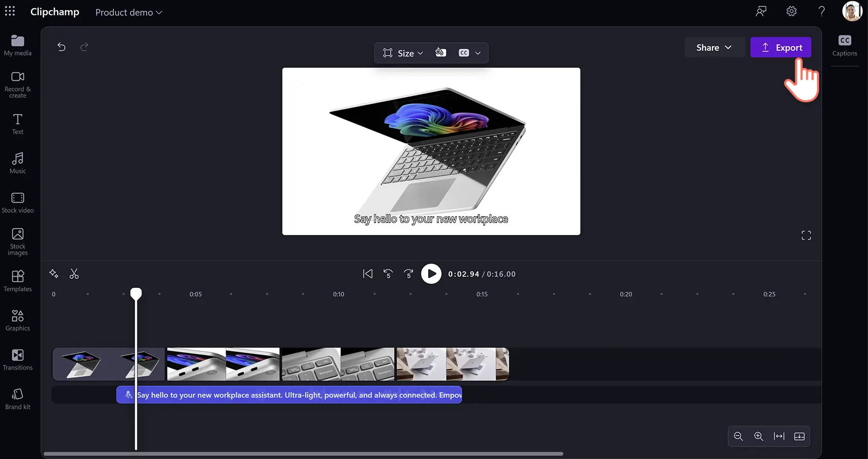 İş için Clipchamp ile yapılan ürün tanıtımlarını dışarı aktaran bir kullanıcı.