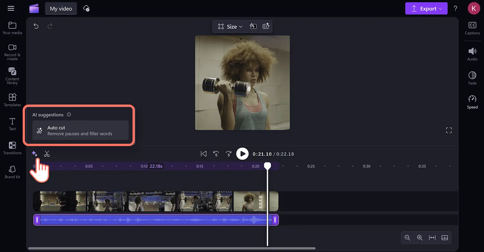 2z4oejd8tkclec5ha7f1dm Clipchamp video düzenleyicide otomatik kesme ile ses kaydındaki sessizlikleri kaldıran bir kullanıcı.