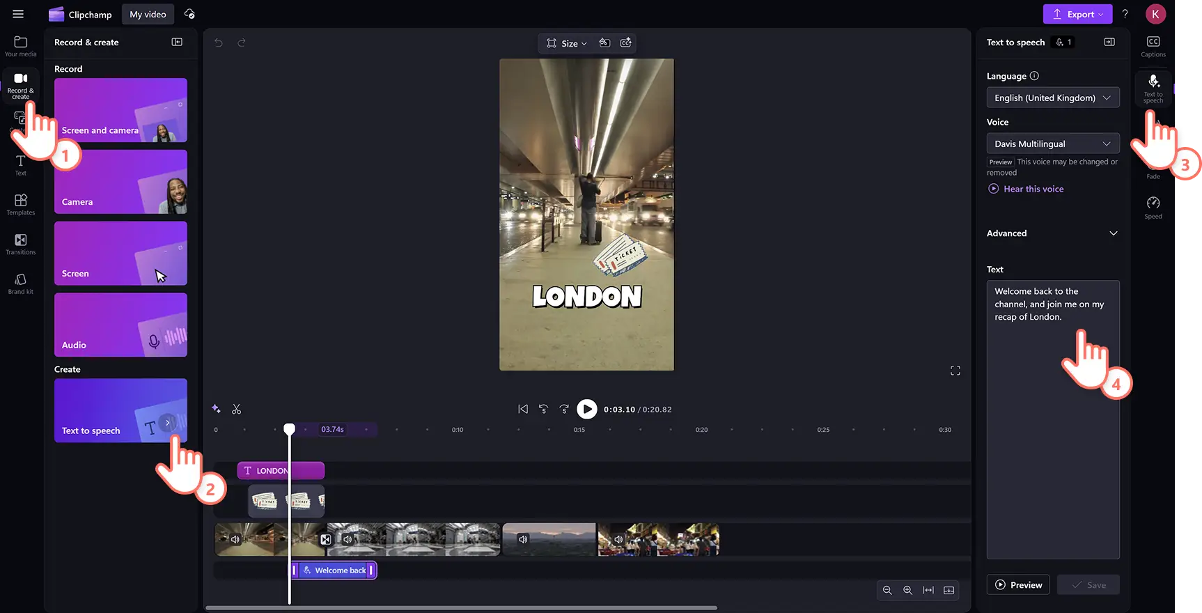 3hnspiomrcn9f5qoo8jnen Clipchamp video düzenleyicide seyahat temalı öne çıkanlar videosuna yapay zeka seslendirme ekleyen bir kullanıcı.