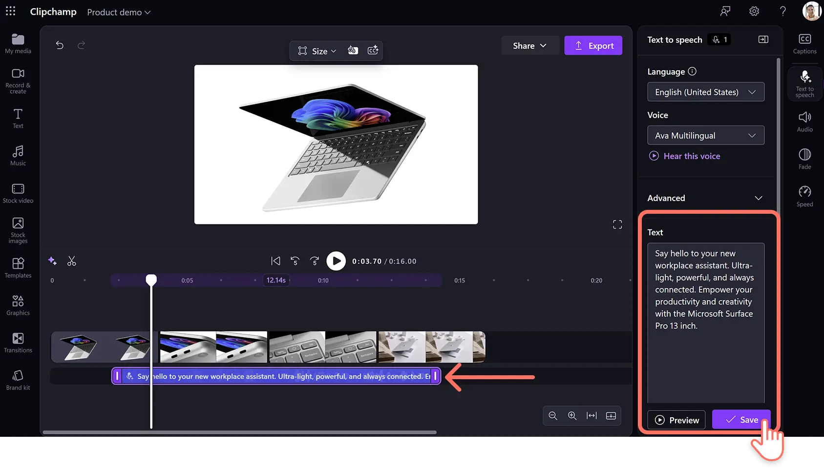 İş için Clipchamp konuşma oluşturucu kullanarak yapay zeka seslendirmesi yazan ve kaydeden bir kullanıcı.