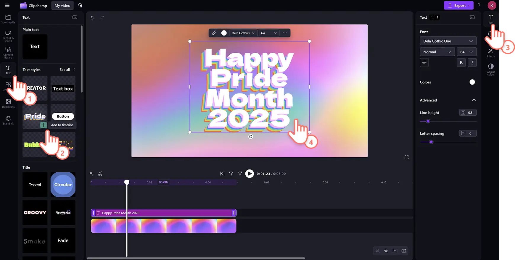 Clipchamp video düzenleyicisinde bir videoya özel Pride yazı tipi ekleyen bir kullanıcı.