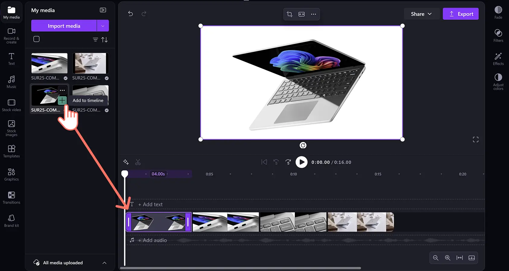 İş için Clipchamp zaman çizelgesine ürün tanıtım görselleri ekleyen bir kullanıcı.