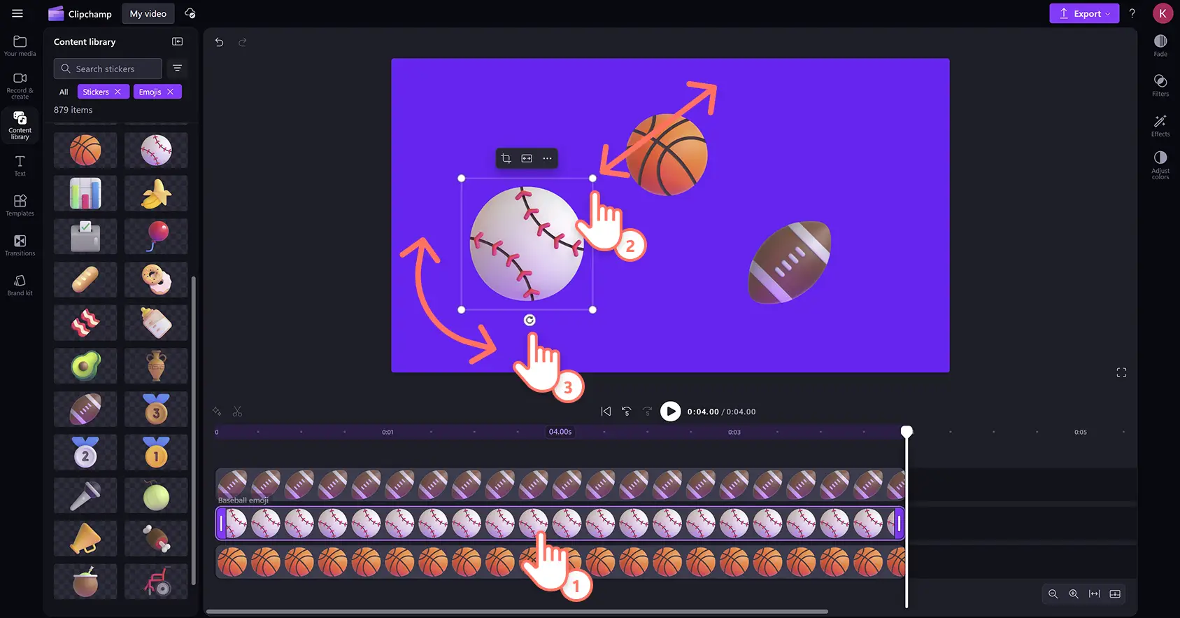 5gmjggjevk2j6ejryfntow Clipchamp video düzenleyicideki serbest el aracını kullanarak çıkartma emojilerini düzenleyen bir kullanıcı.