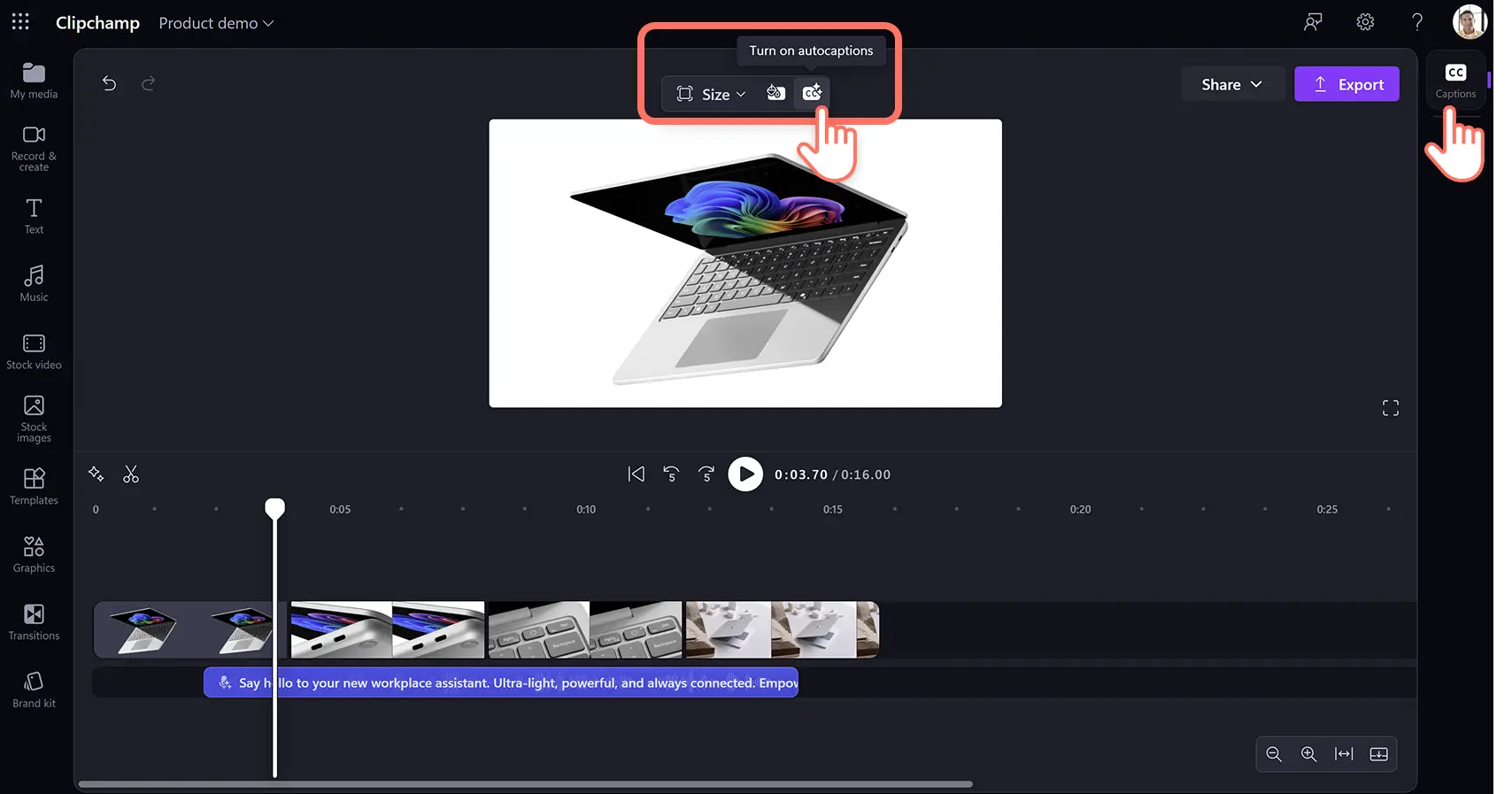 İş için Clipchamp otomatik kapsüller düğmesine tıklayan bir kullanıcı.