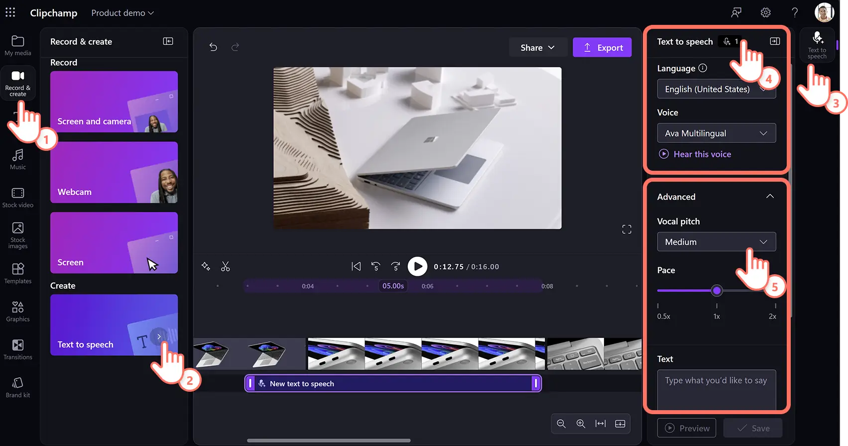 Konuşma seslendirmesine metin ekleyen ve iş için Clipchamp ayarlarını değiştiren bir kullanıcı.