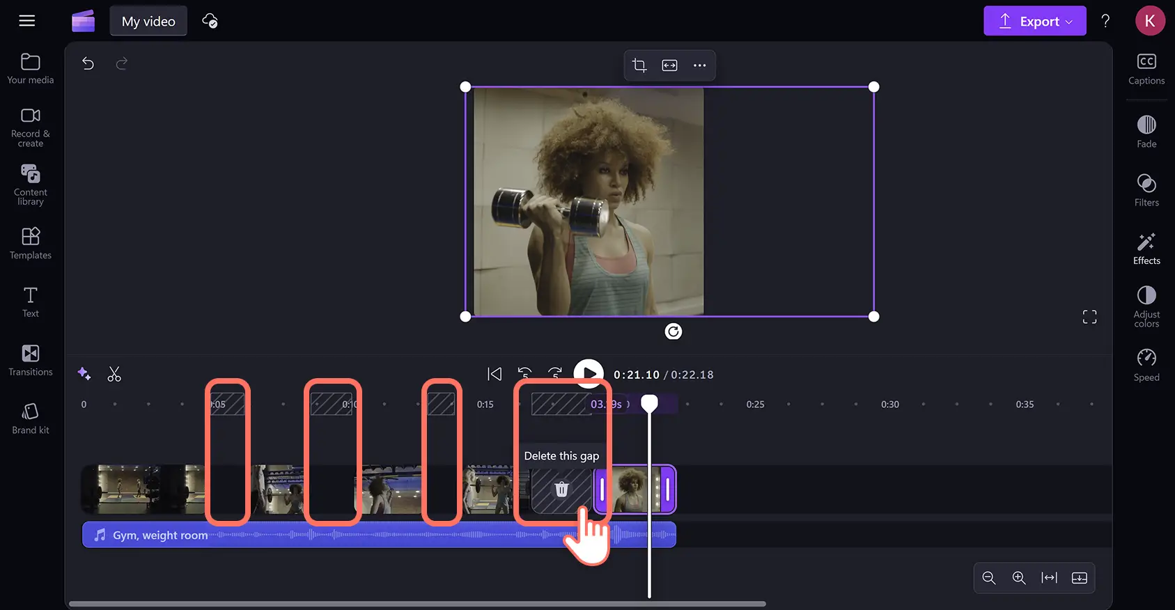 64gxt8jgn4imty8ov9koxs Clipchamp video düzenleyicide bir öne çıkanlar seçkisini boşlukları kaldıran bir kullanıcı.