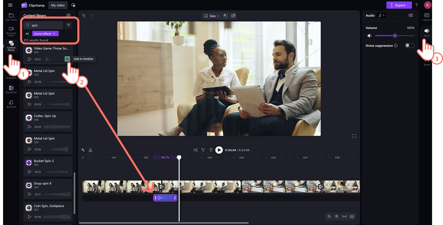 Clipchamp video düzenleyicide dönme geçişine ses efektleri ekleyen bir kullanıcı.
