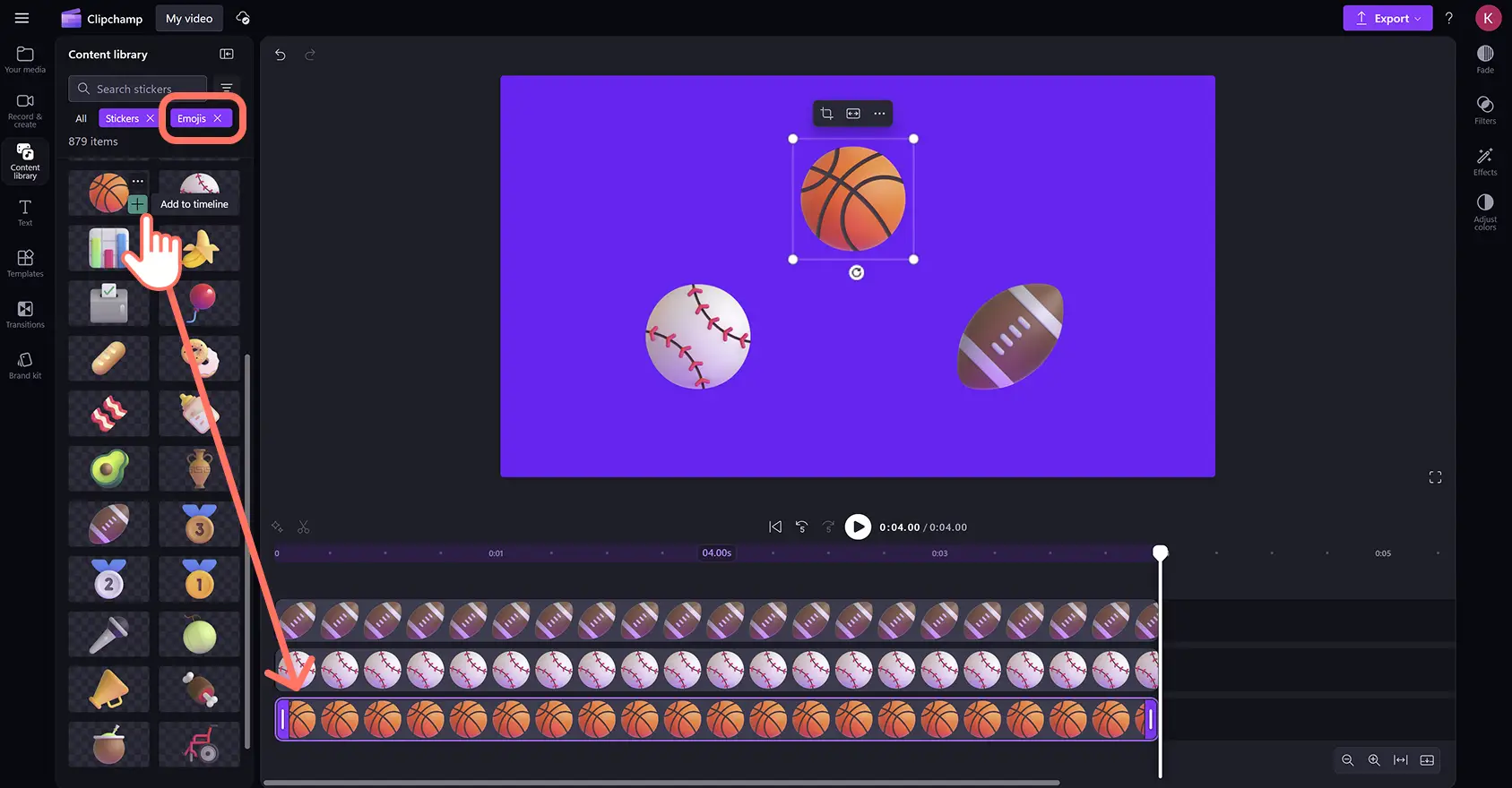 76mgtgxpcqpbgplvqwbcau Clipchamp video düzenleyicide bir videoya spor topu emojileri ekleyen bir kullanıcı.