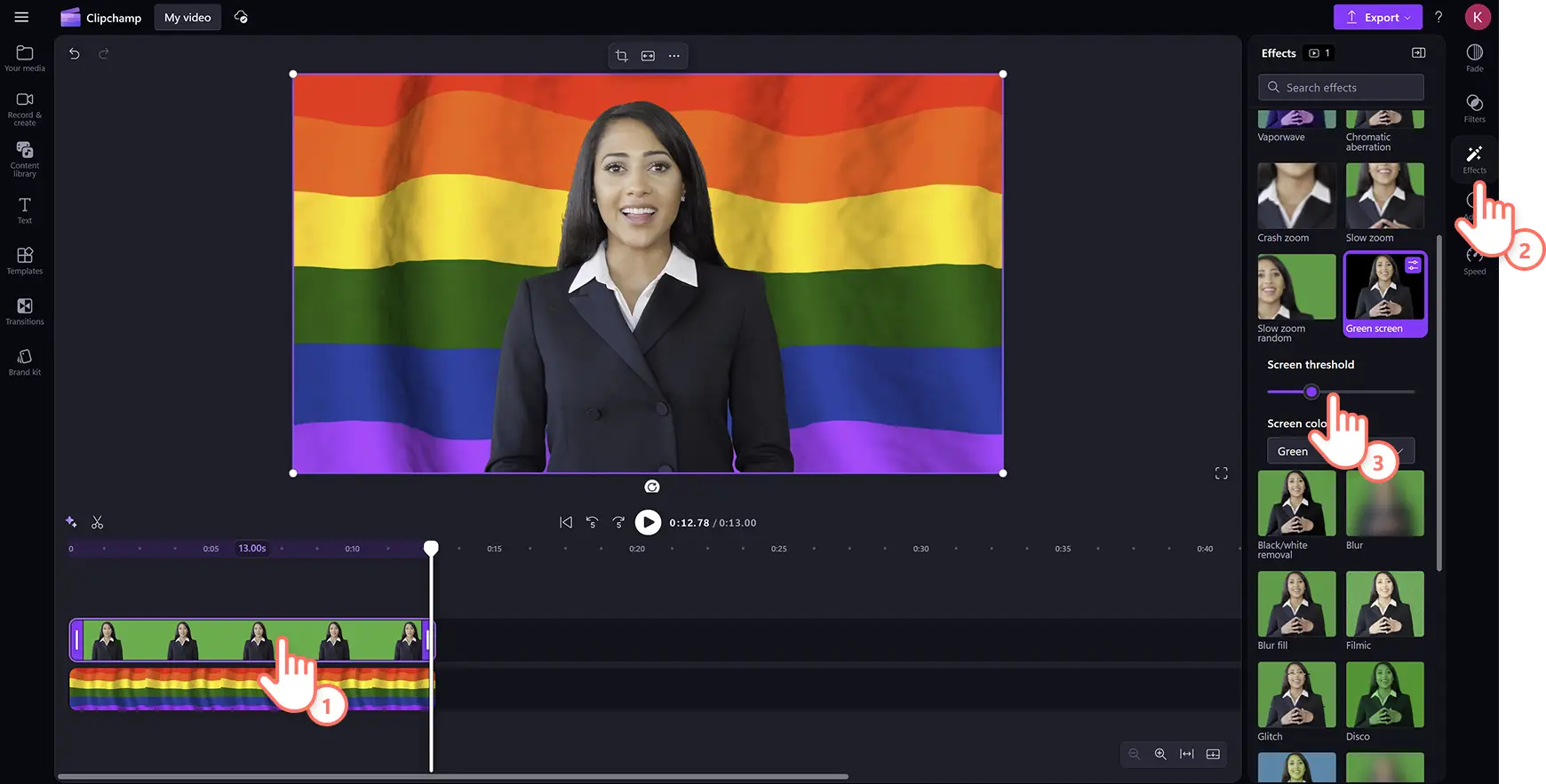 Clipchamp video düzenleyicide kurumsal videoya Onur Ayı yeşil ekranı ekleyen bir kullanıcı.