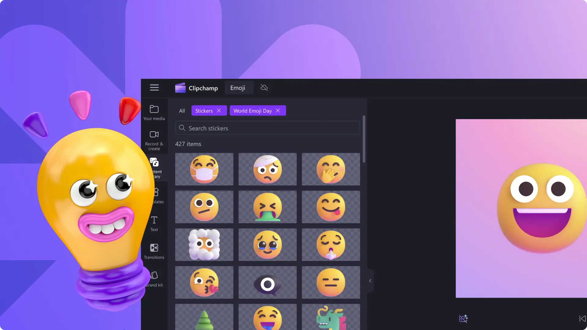 Clipchamp çıkartma ve emoji ekleme