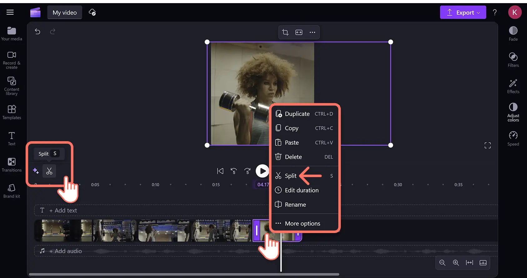 iesnmkxscnmos2evnrerm Clipchamp video düzenleyicide öne çıkanlar seçkisinde bir video varlığını bölen bir kullanıcı.