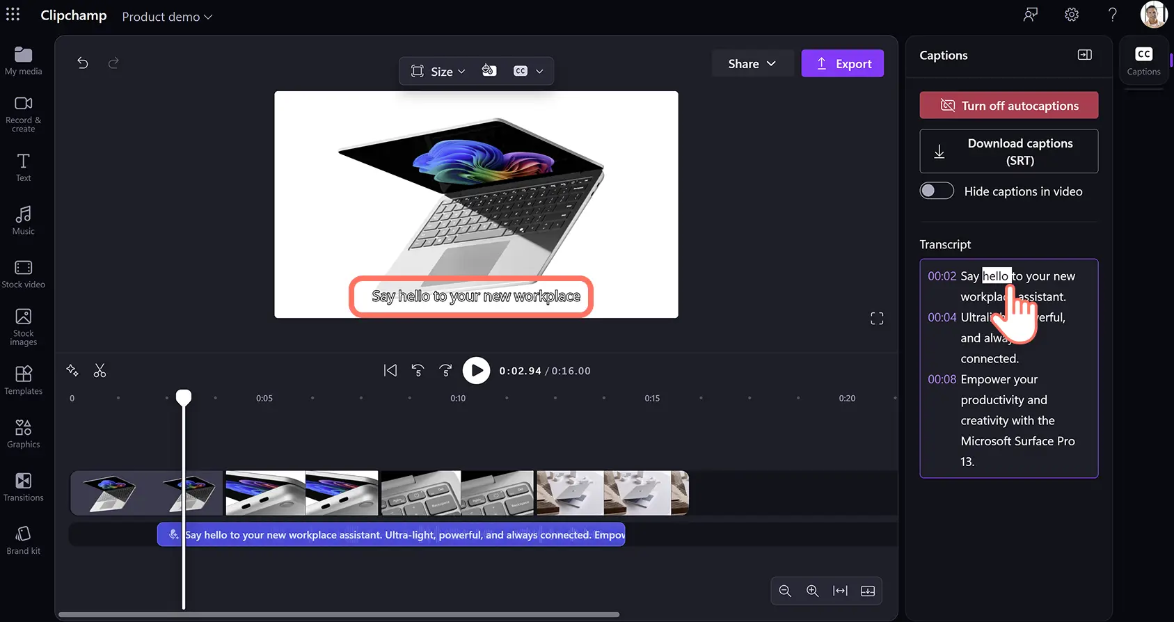 İş için Clipchamp döküm kutusunda otomatik kapsülleri düzenleyen bir kullanıcı.