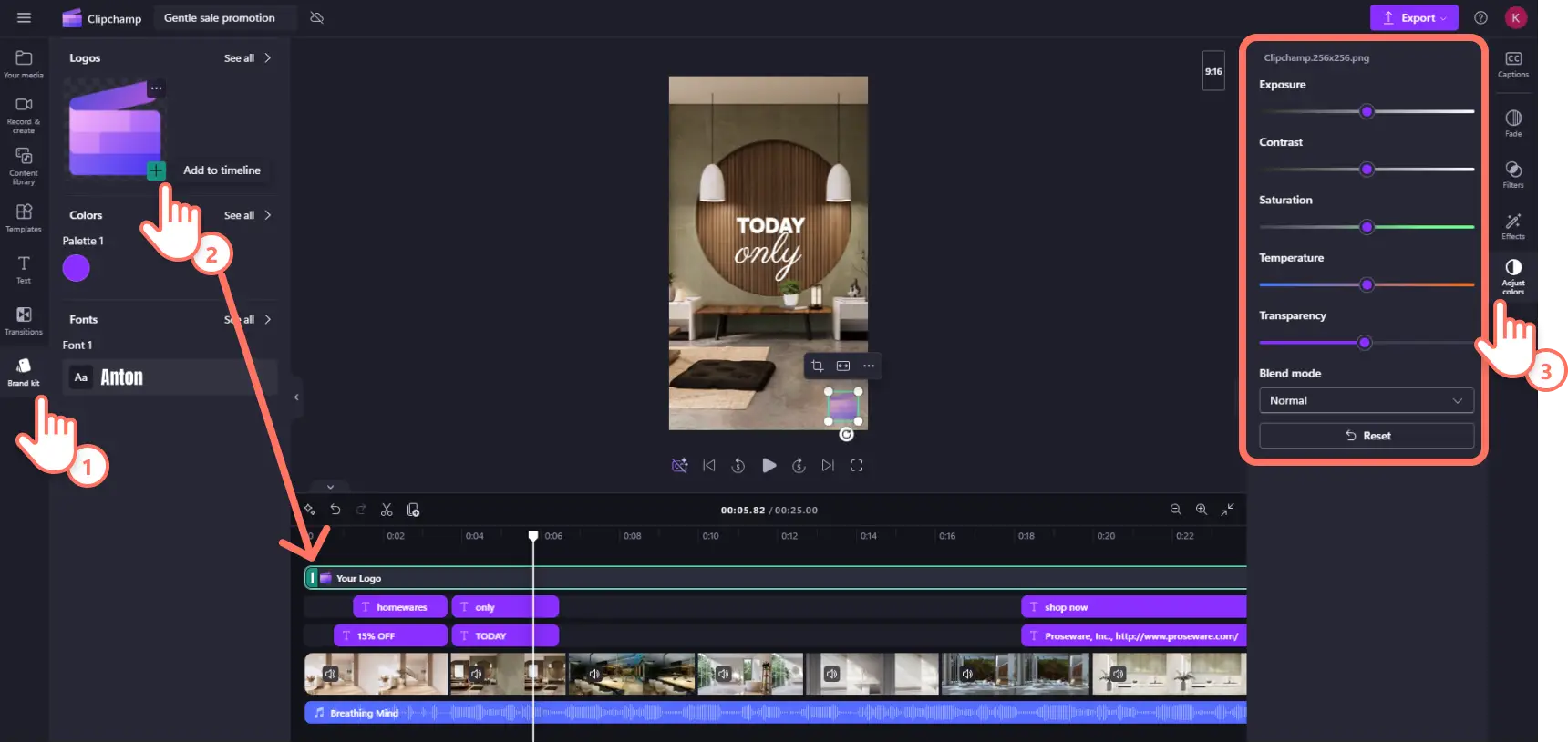 1ixpsu0ien9agv9v63u4bp Clipchamp'da marka setinden Instagram video reklam şablonuna varlık ekleyen bir kullanıcı.