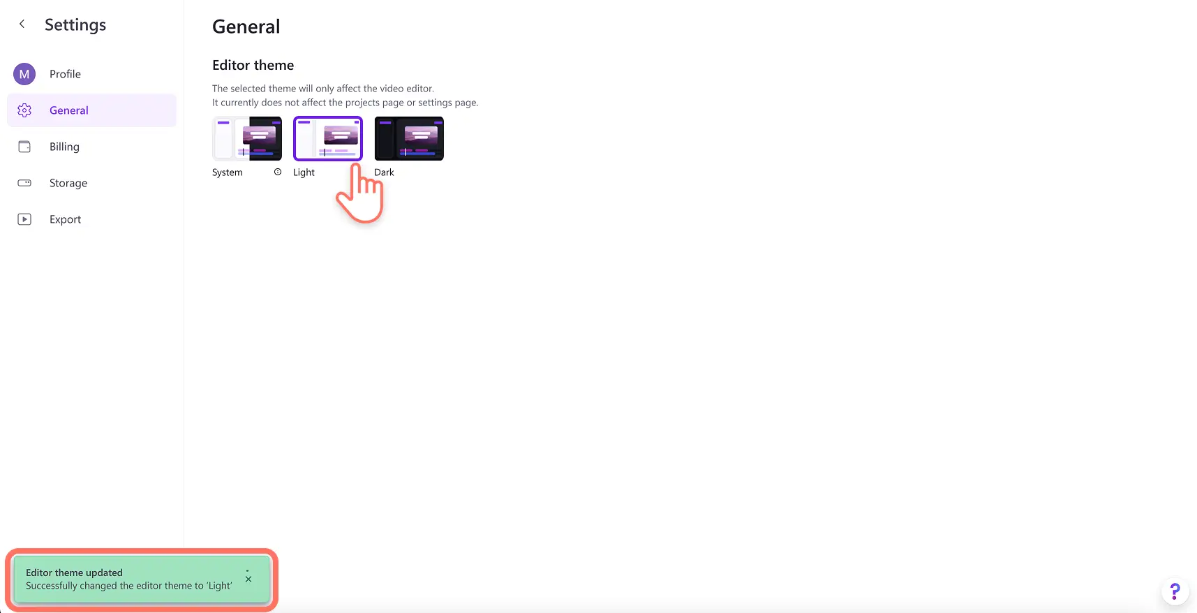 Clipchamp'te bir mod seçen kullanıcı
