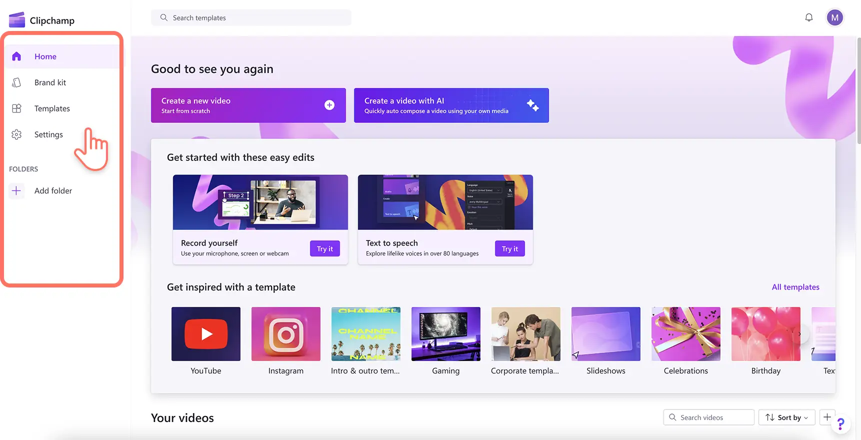 Clipchamp uygulamasının ana sayfasına giden kullanıcı