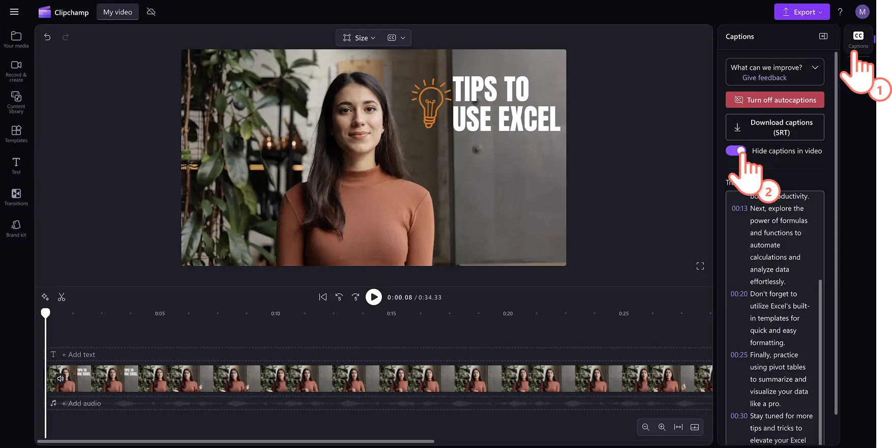 5ay3pcadzotewi1icsxf15 Clipchamp’te otomatik alt yazıları gizleyen bir kullanıcı.