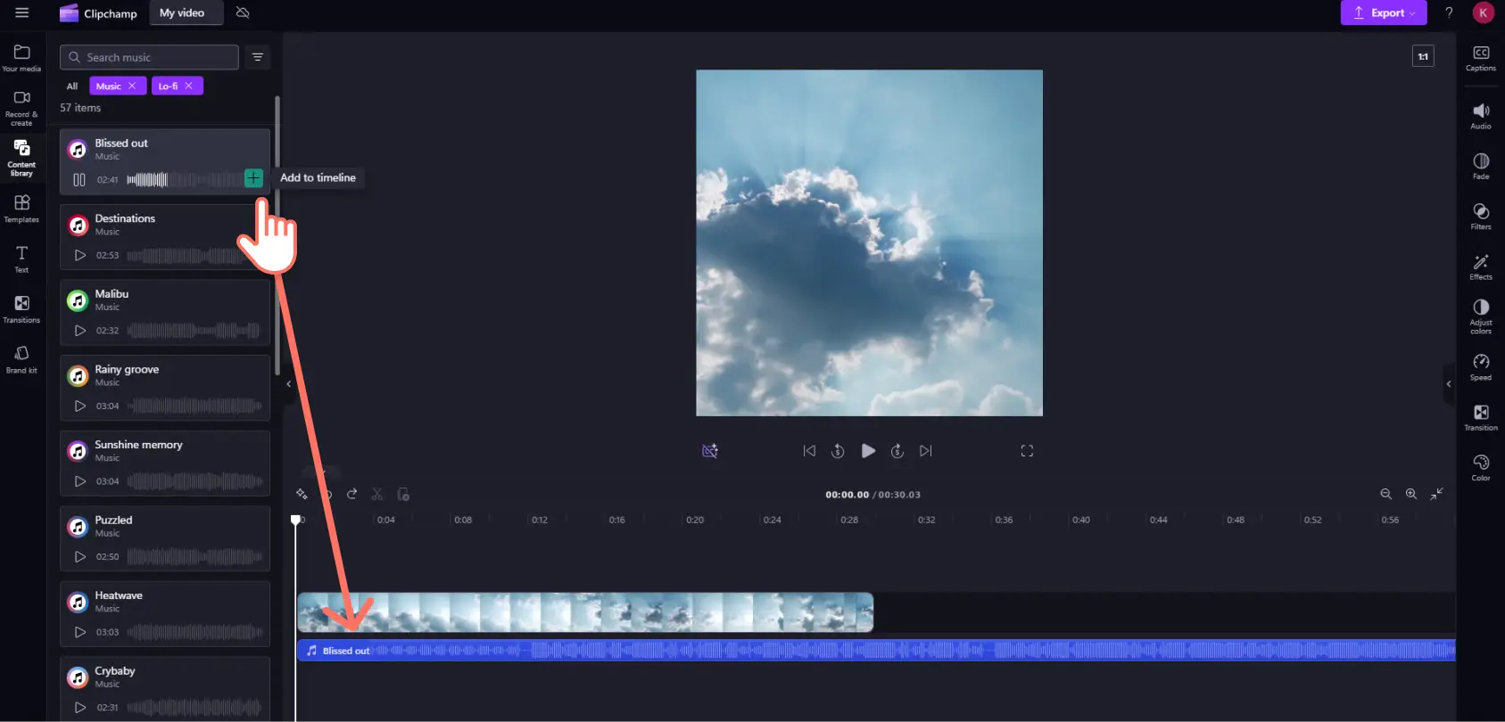 5odvgklcnjblpzrwbt3apu Clipchamp'te içerik kitaplığından zaman çizelgesine telifsiz müzik ekleyen bir kullanıcı.