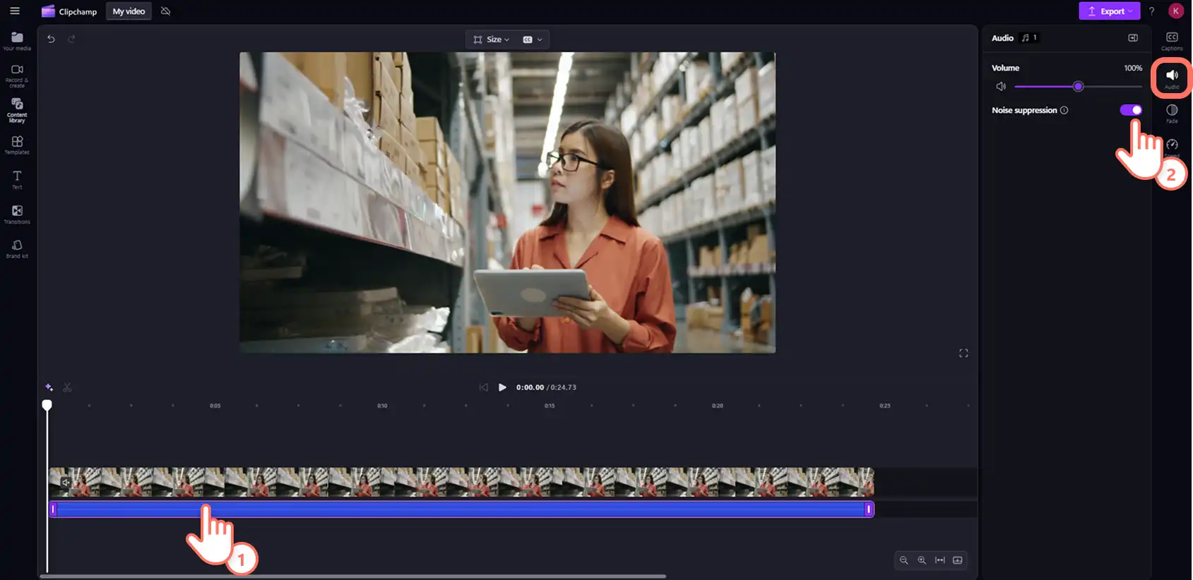 2048-12 Clipchamp'te bir ses klibine gürültü engelleme uygulayan bir kullanıcı.