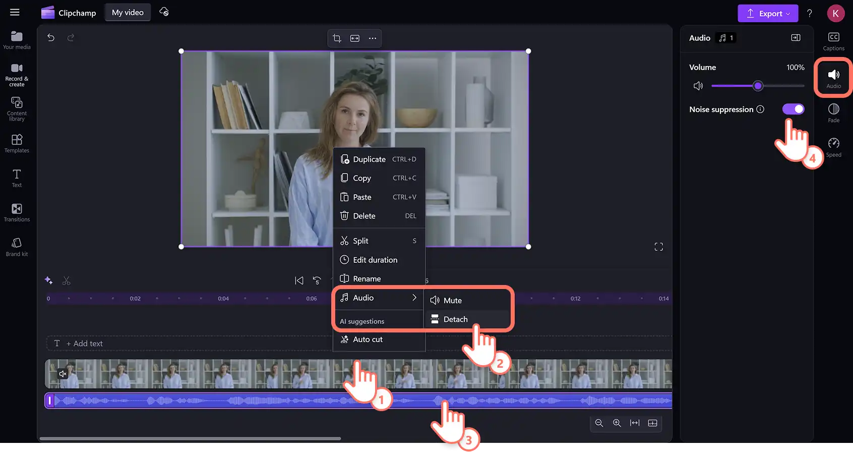 2048-18 Clipchamp video düzenleyicide bir MOV dosyasında sesi ayıran ve gürültü engellemeyi etkinleştiren bir kullanıcı.