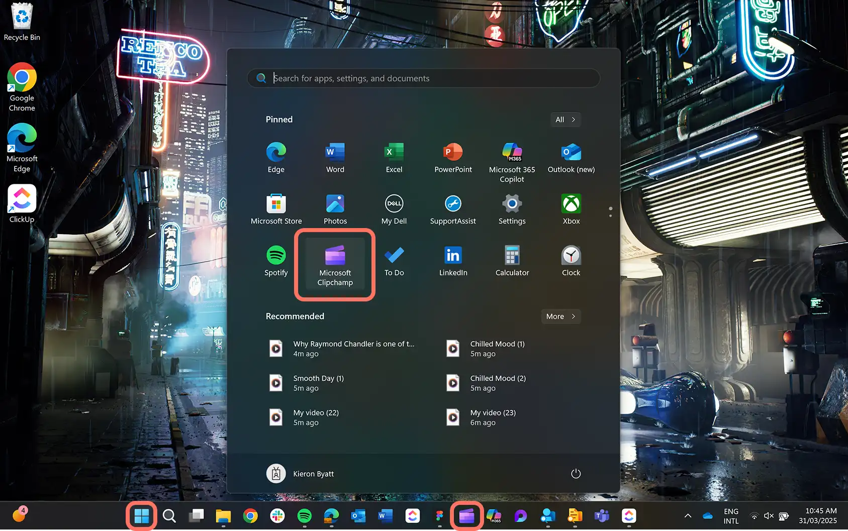 2048-20 Windows 11 cihazından Microsoft Clipchamp uygulamasına erişen bir kullanıcı.