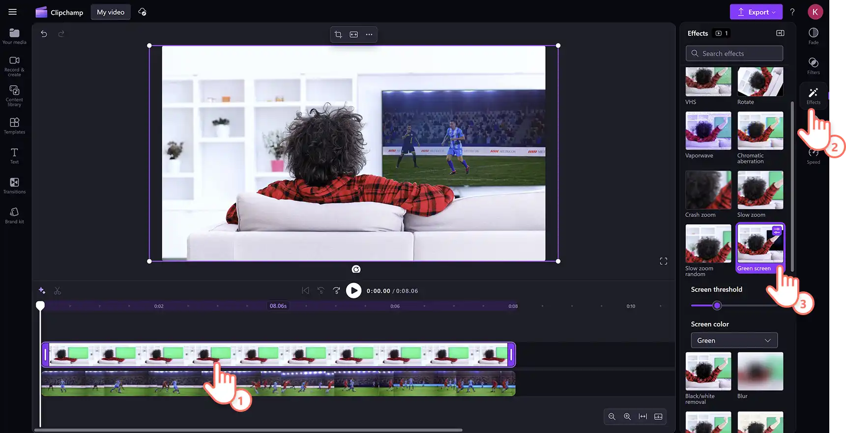 2048-26 Clipchamp video düzenleyicide bir videoya yeşil ekran efekti uygulayan bir kullanıcı.