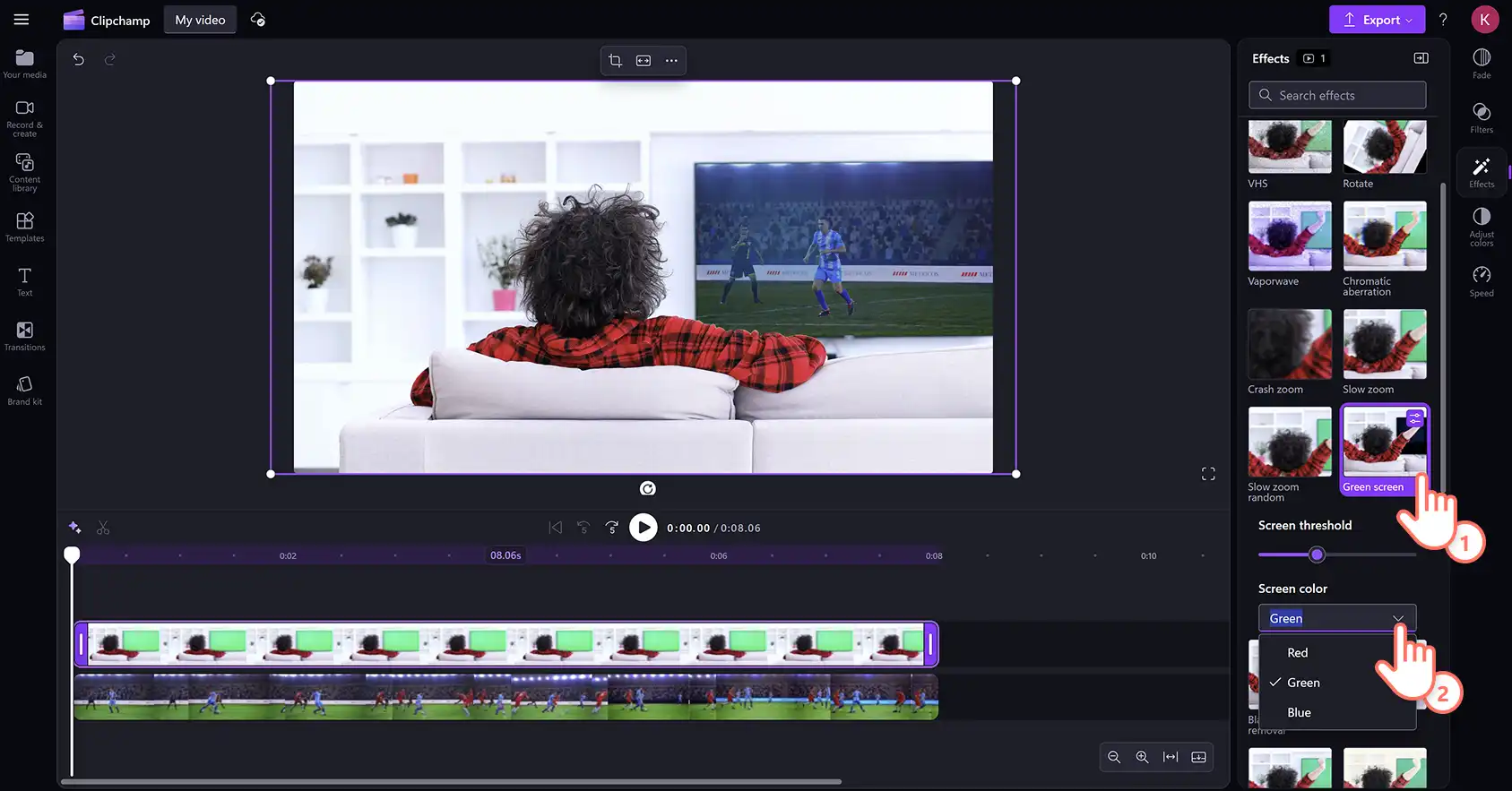 2048-27 Clipchamp video düzenleyicide bir yeşil ekran efektinin eşik değerini ayarlayan bir kullanıcı.