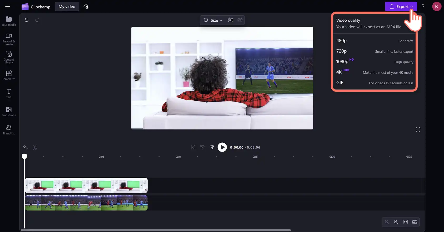 2048-29 Clipchamp video düzenleyicide bir yeşil ekran videosunu dışarı aktaran bir kullanıcı.