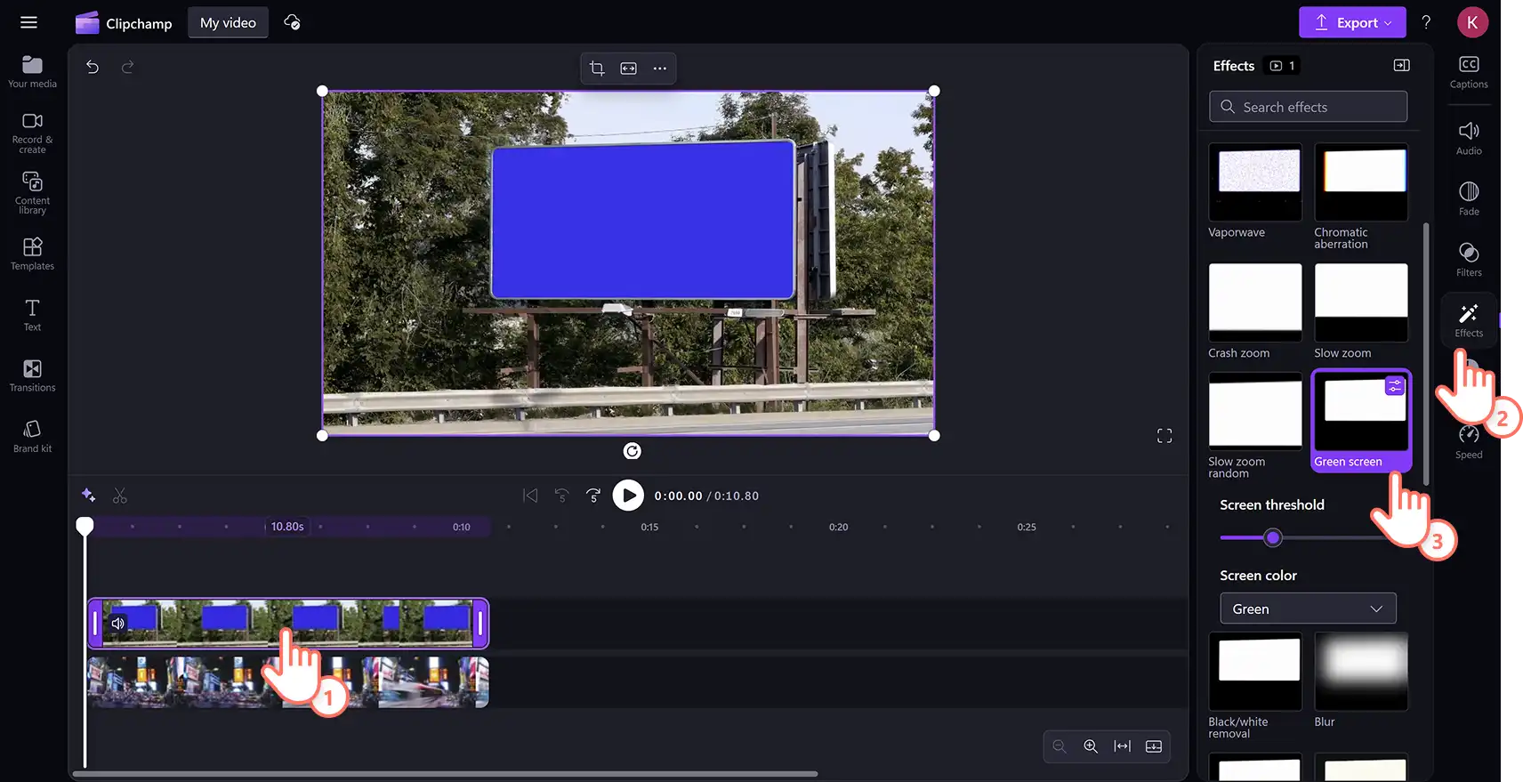 2048-33 Clipchamp video düzenleyicisinde özellik panelindeki efektler sekmesinde yeşil ekran efektine tıklayan bir kullanıcı.