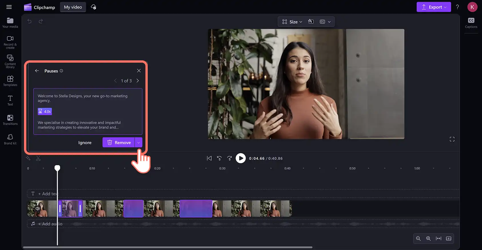 2048-44 Clipchamp video düzenleyicide otomatik kesme penceresinde algılanan duraklamaları kaldıran bir kullanıcı.