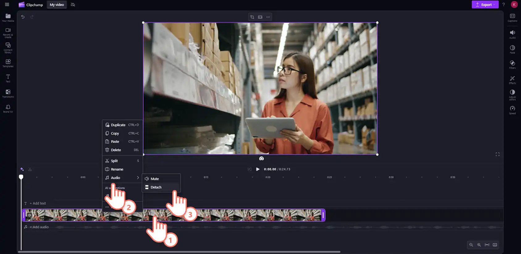 2048-5 Clipchamp’te zaman çizelgesindeki videoya sağ tıklayarak sesi ayıran bir kullanıcı.
