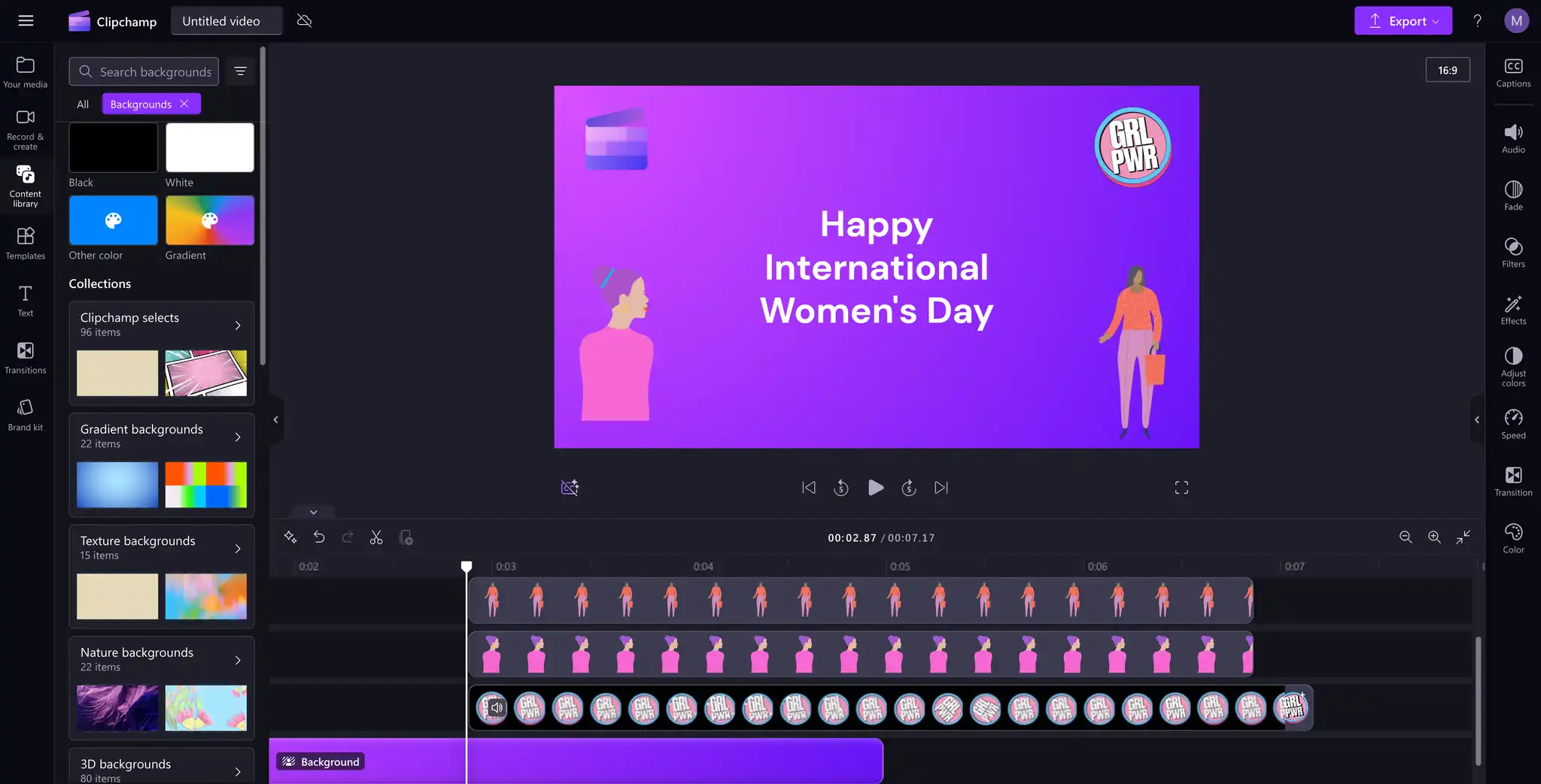 Çevrimiçi toplantı arka plan örneği Dünya Kadınlar Günü Clipchamp