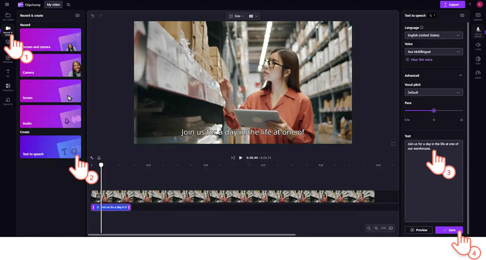 2048-6 Clipchamp'te bir videonun sesini metin okumaya dönüştüren bir kullanıcı.