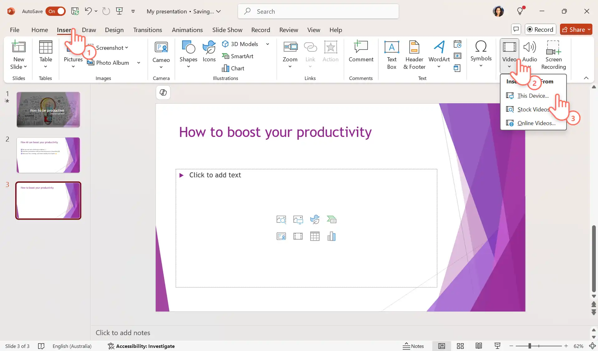 2048-63 PowerPoint'te cihazdan video ekleyen bir kullanıcı