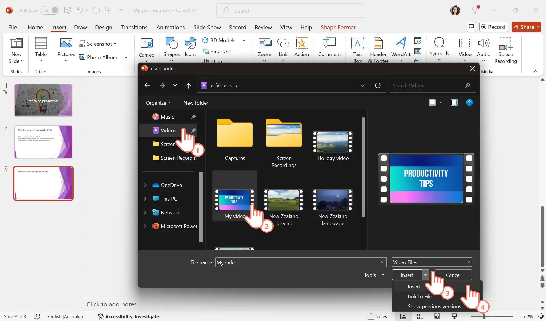2048-64 PowerPoint'e eklemek için video dosyası seçen bir kullanıcı