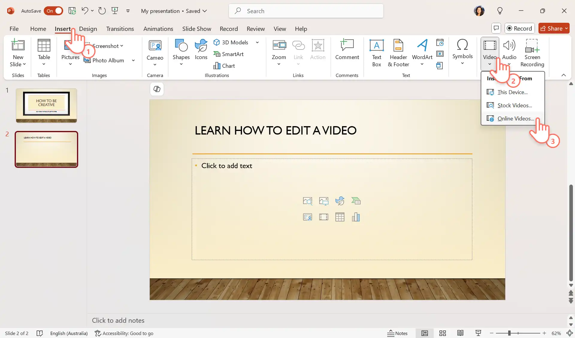2048-66 PowerPoint'e çevrimiçi video eklemeye çalışan bir kullanıcı