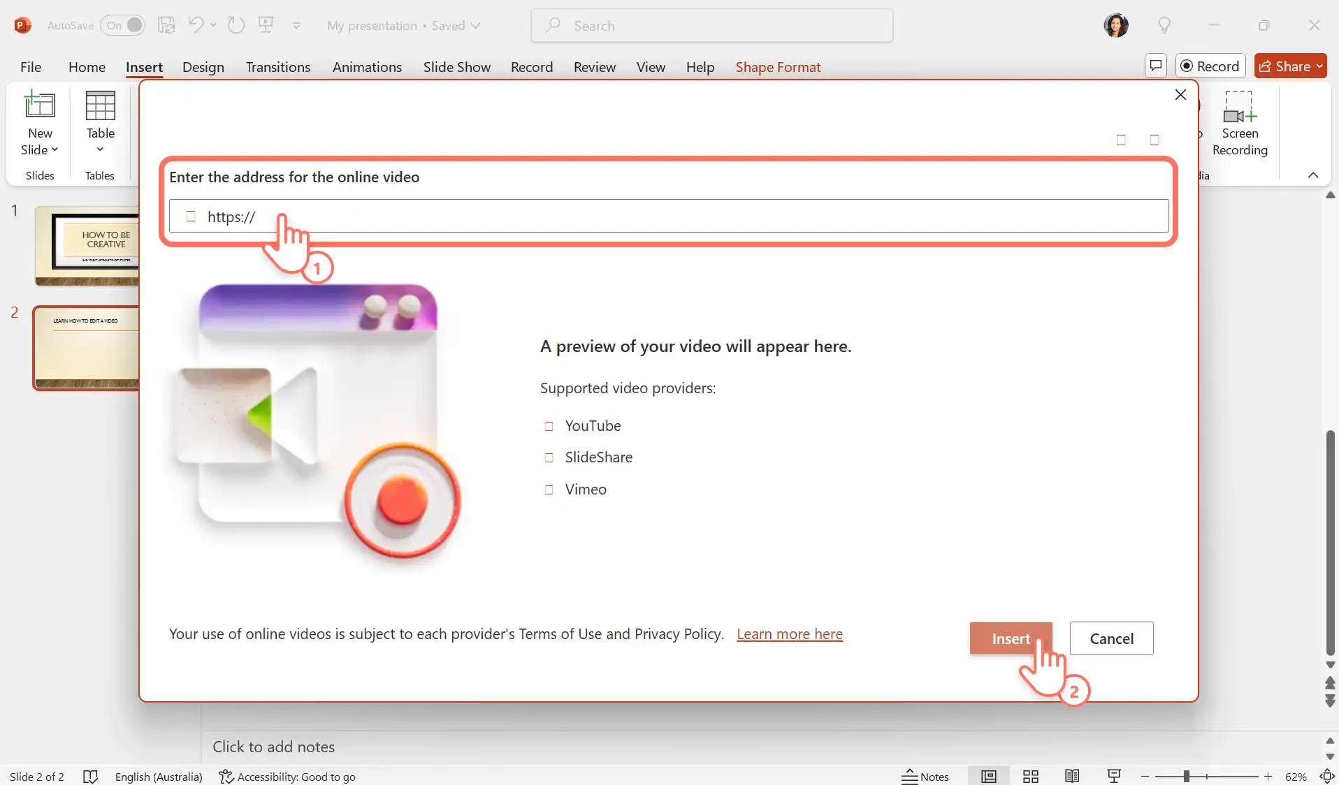 2048-67 PowerPoint video ekleme açılır penceresine URL yapıştıran bir kullanıcı