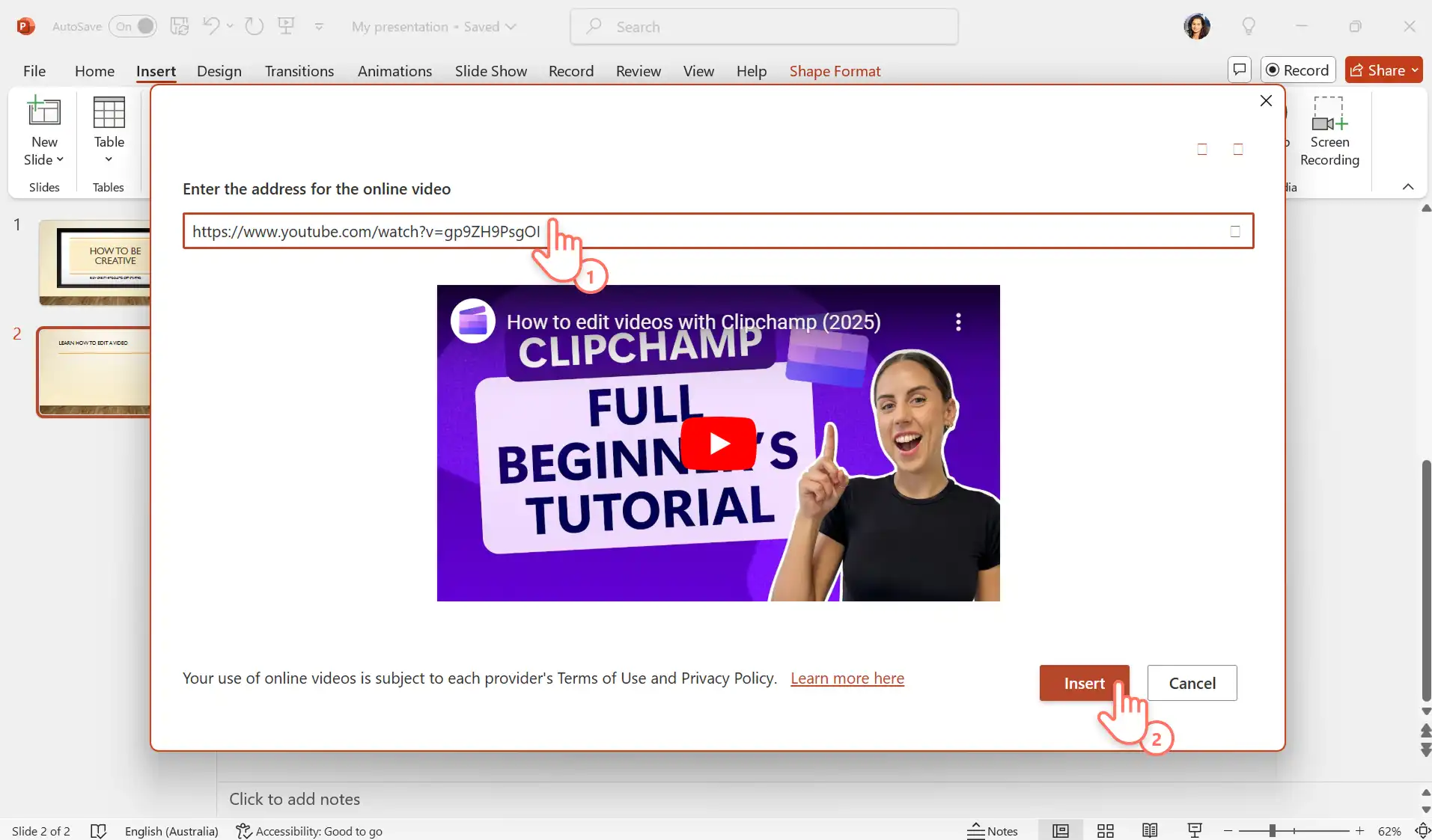 2048-68 PowerPoint'te bir video bağlantısını önizleyen bir kullanıcı