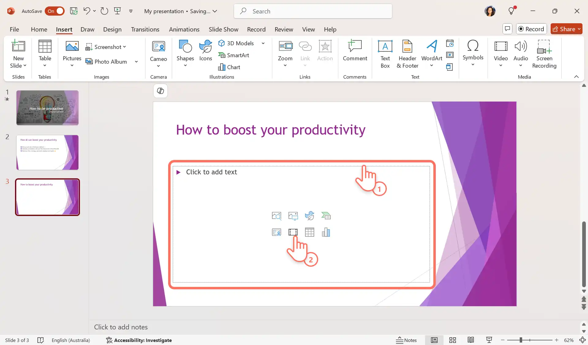 2048-71 PowerPoint'te metin alanı kısayollarını seçen bir kullanıcı