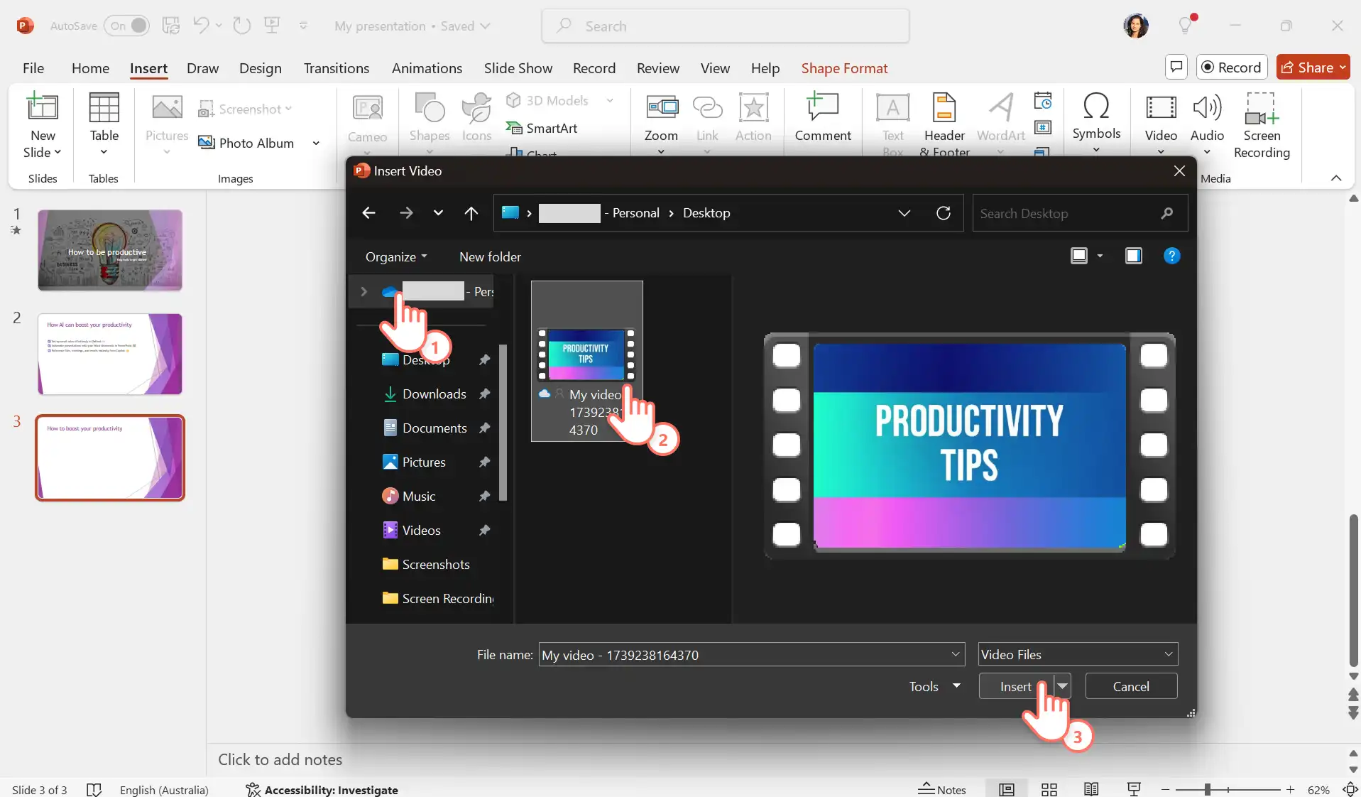 2048-72 PowerPoint için OneDrive video dosyası seçen bir kullanıcı