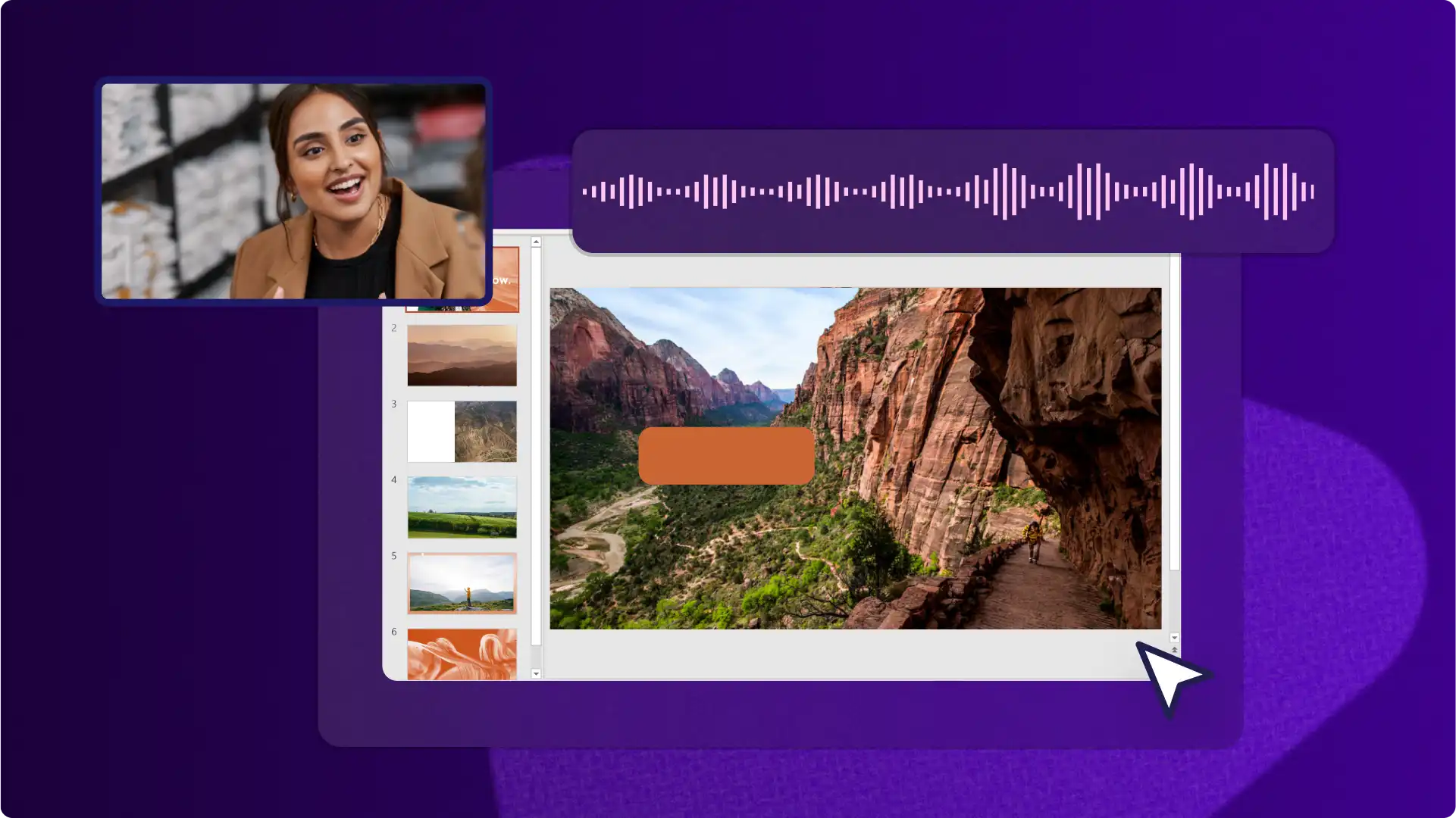 Clipchamp'te bir PowerPoint sunum kaydına sesli anlatım ekleyen bir kullanıcı