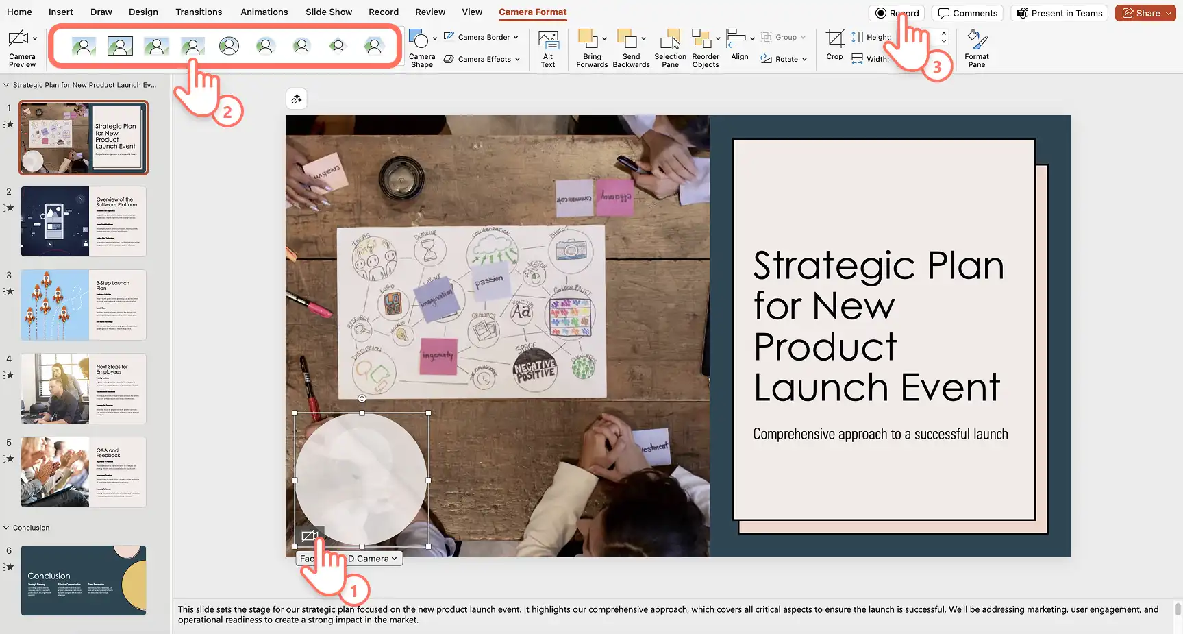 PowerPoint'te kamera kaynağını, kamera şeklini ve Cameo kaydet düğmesini seçen bir kullanıcı