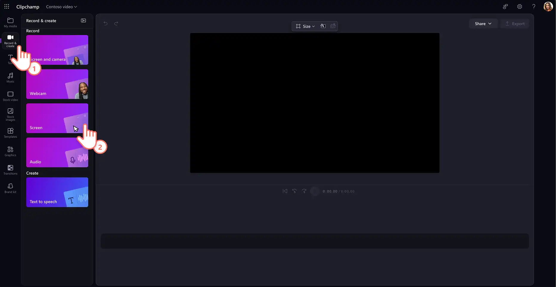 Çalışmak için Clipchamp'te ekran kayıt aracını seçen bir kullanıcı
