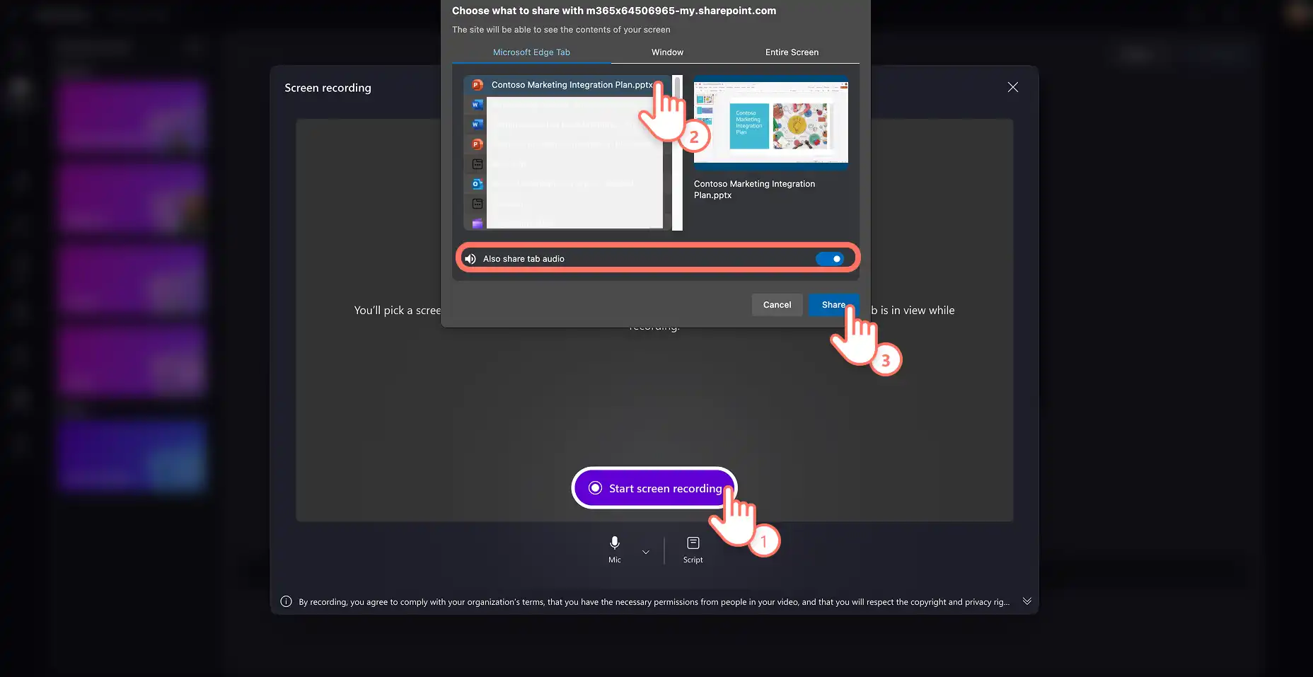 İş için Clipchamp'te ekran kayıt izinlerini etkinleştiren bir kullanıcı