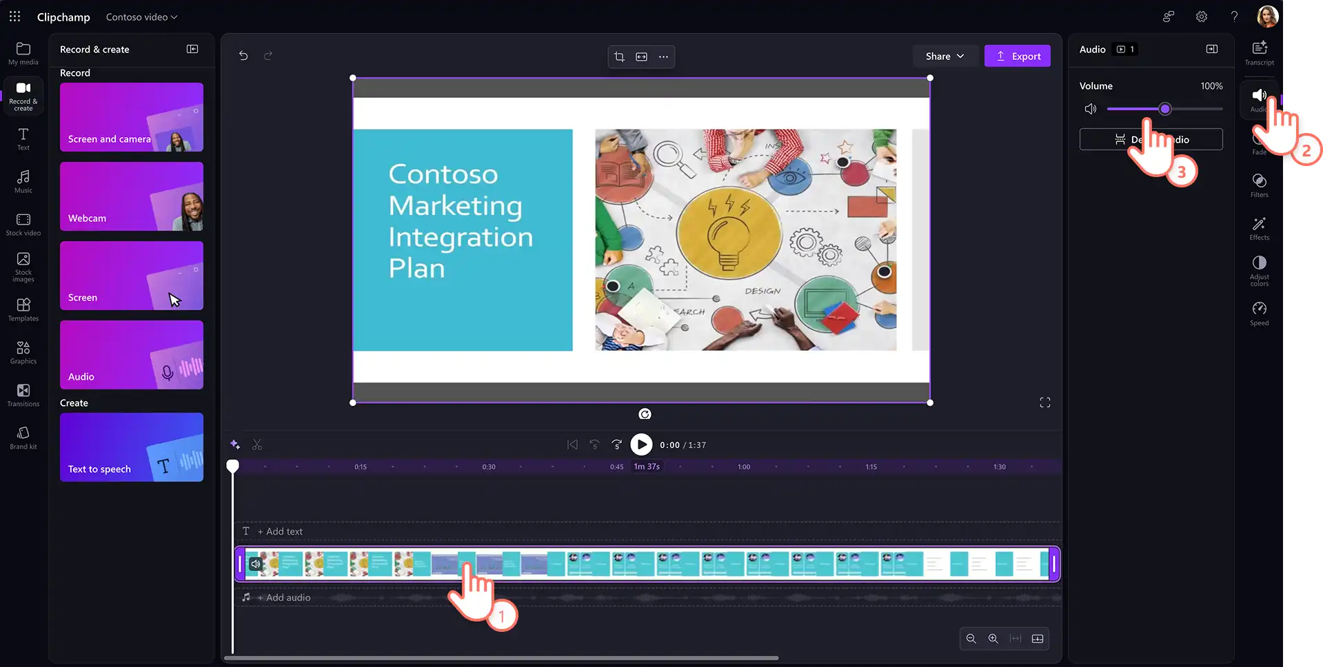 İş için Clipchamp'te ses kaydının sesini artıran bir kullanıcı