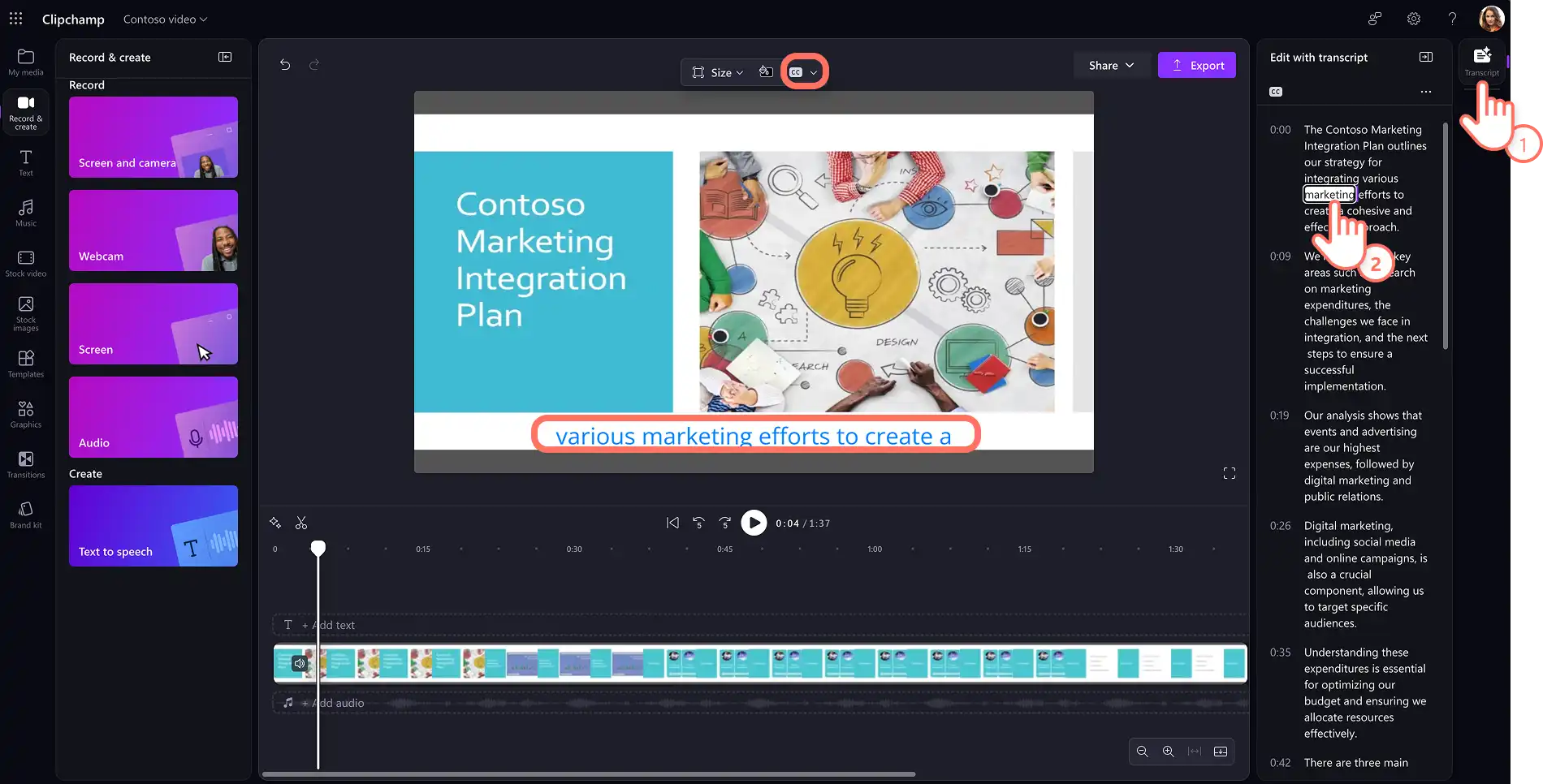Clipchamp'ta iş için yapay zeka transkripti ve altyazı oluşturan bir kullanıcı