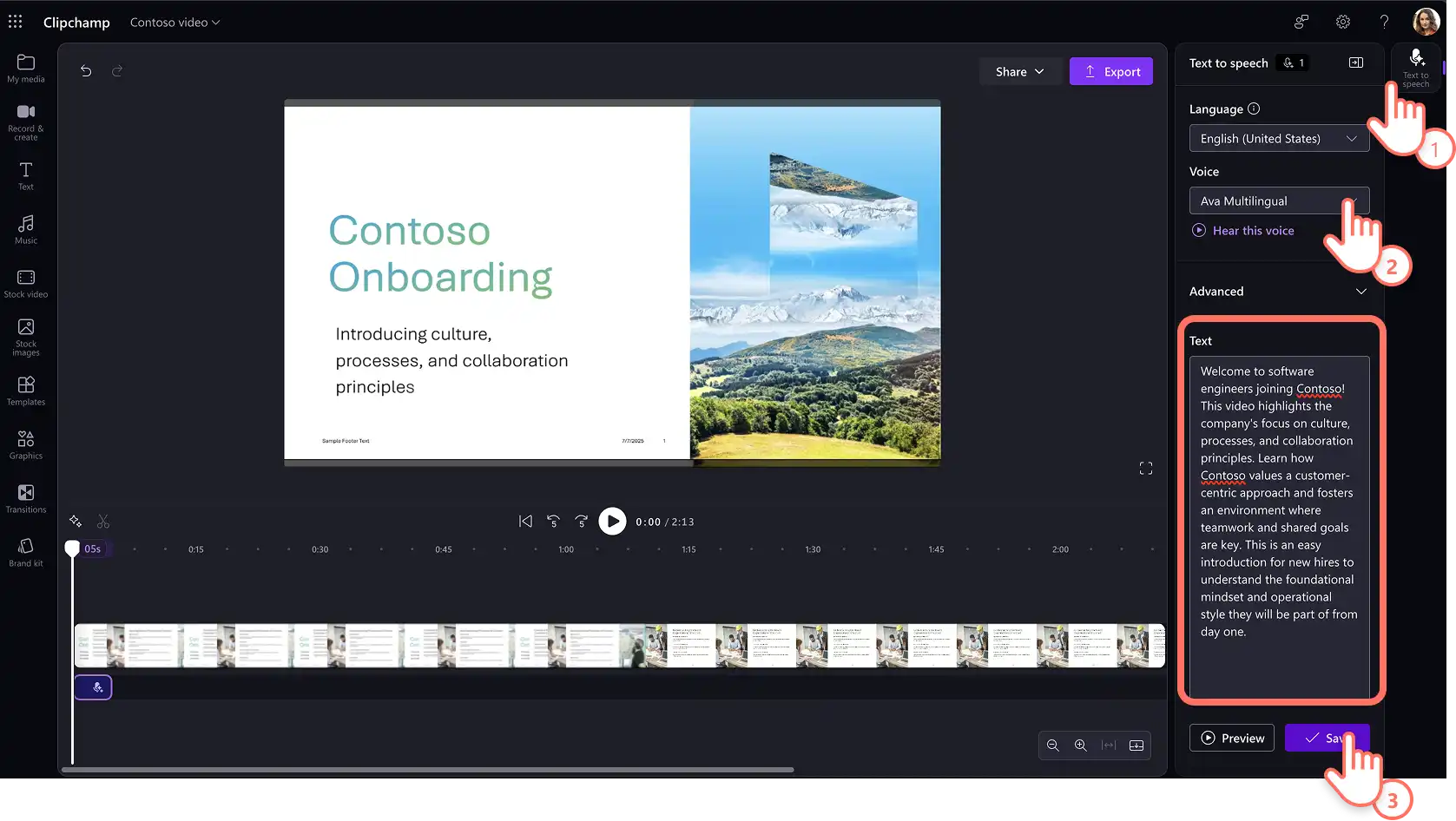 Clipchamp'te iş için yapay zeka seslendirmesi dilini, sesini seçen ve anlatım metnini ekleyen bir kullanıcı
