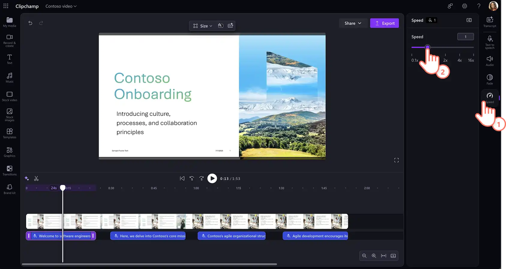 Clipchamp'ta yapay zeka seslendirme hızını artıran ve azaltan bir kullanıcı