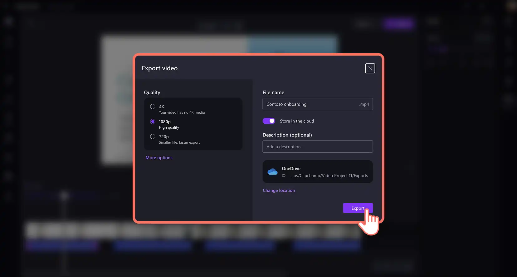 İş için Clipchamp'te yüksek kaliteli bir yapay zeka seslendirme ve video sunumu kaydeden bir kullanıcı