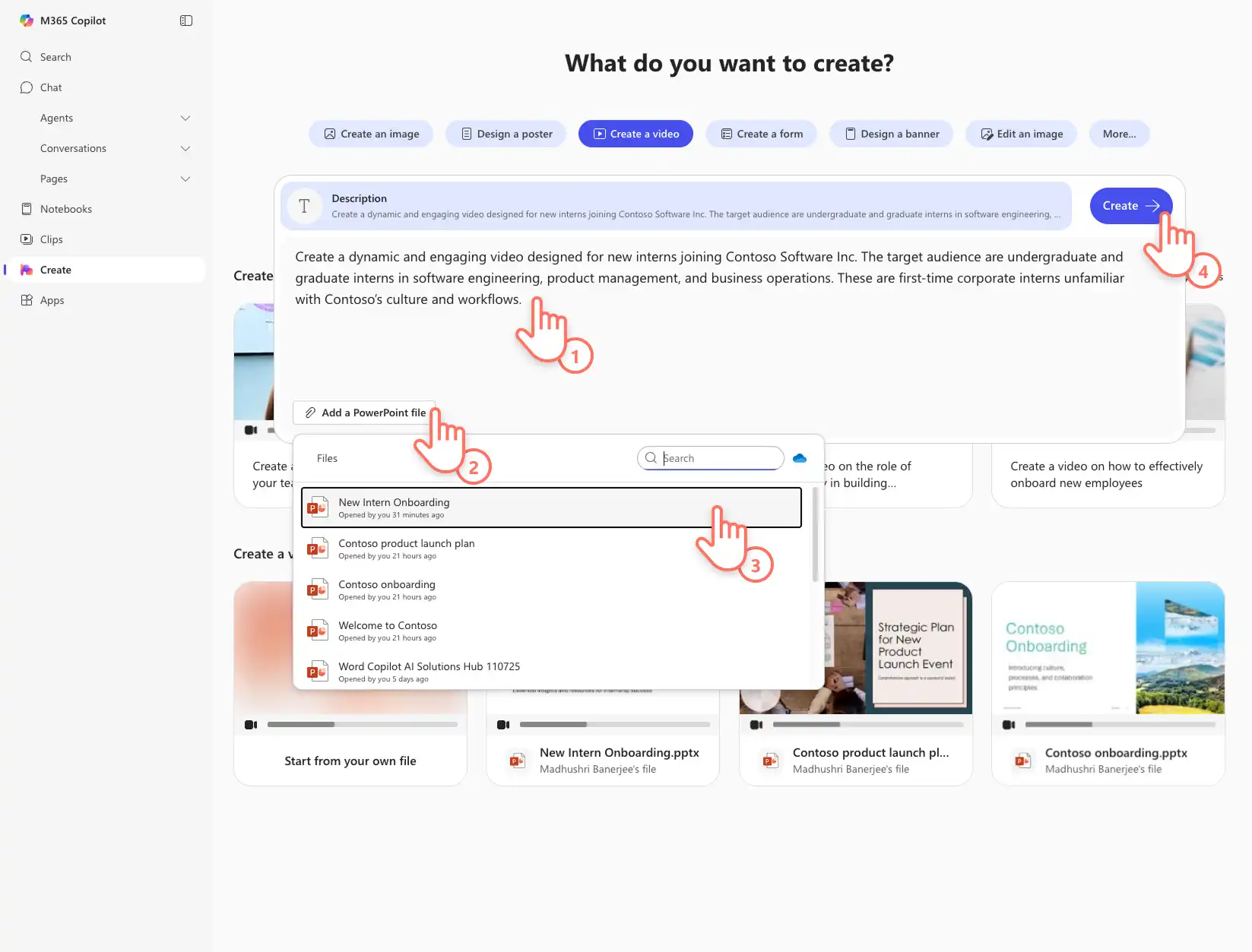 Copilot'a PowerPoint dosyasından video sunumu oluşturmasını isteyen bir kullanıcı.